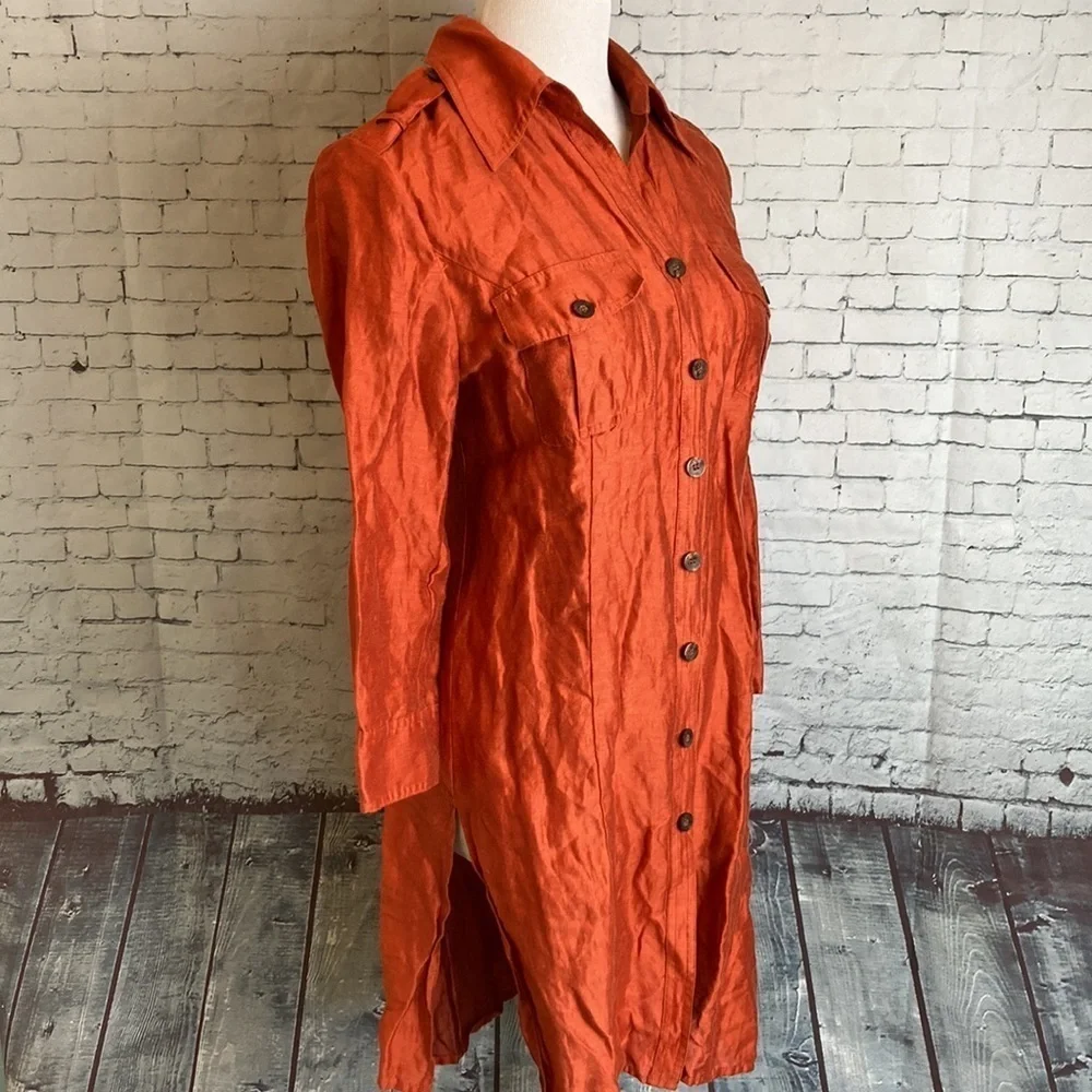Tesori Linen Tunic Button Up Top Orange Shimmer S Old Money Resortwear Lagenlook - Picture 12 of 12
